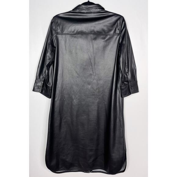 Calvin Klein S Black Faux Leather Button Front 3/4 Sleeve Shirt Dress Collared - Picture 2 of 8